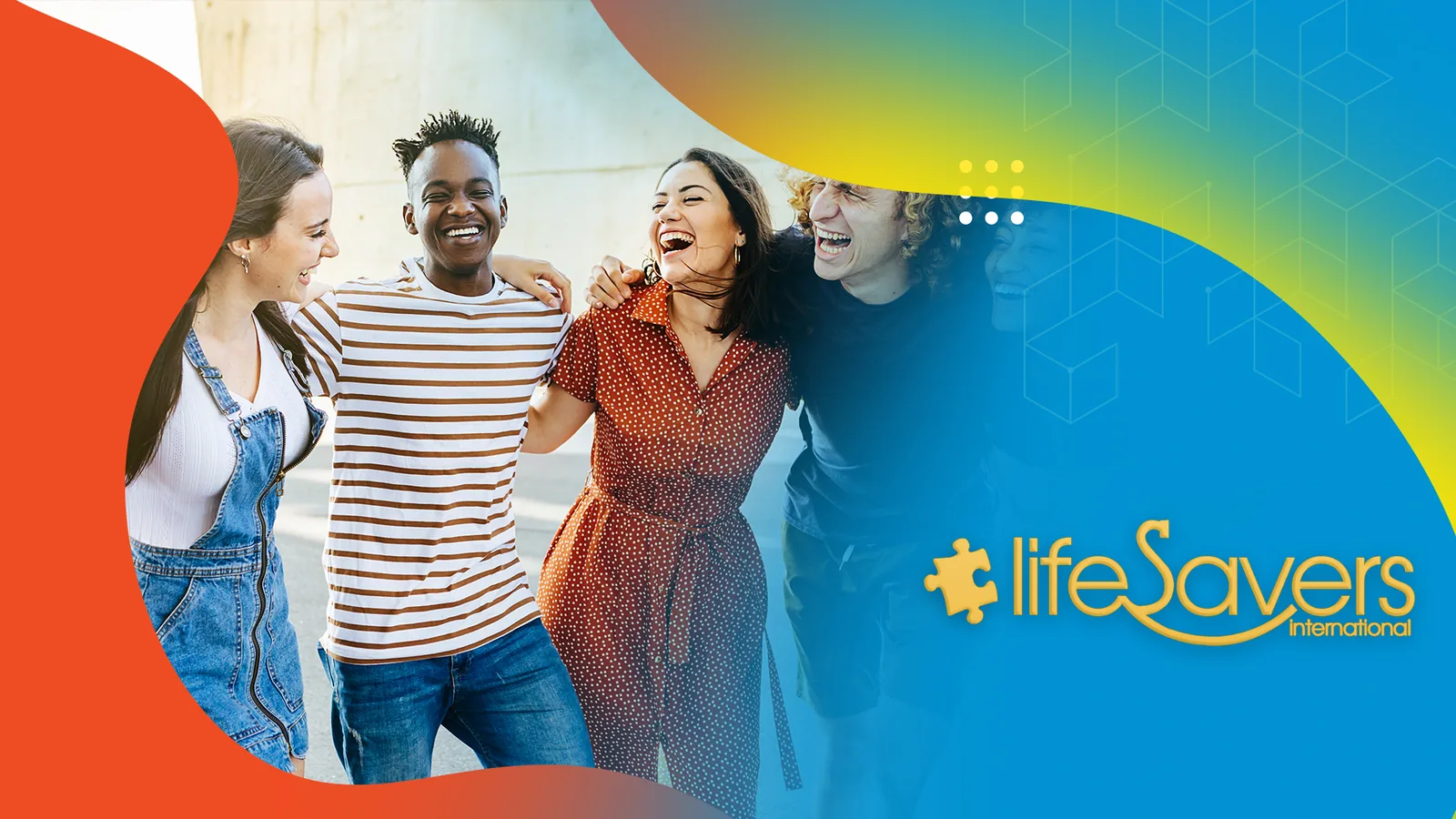 Friends laughing together beside the Lifesavers International wordmark